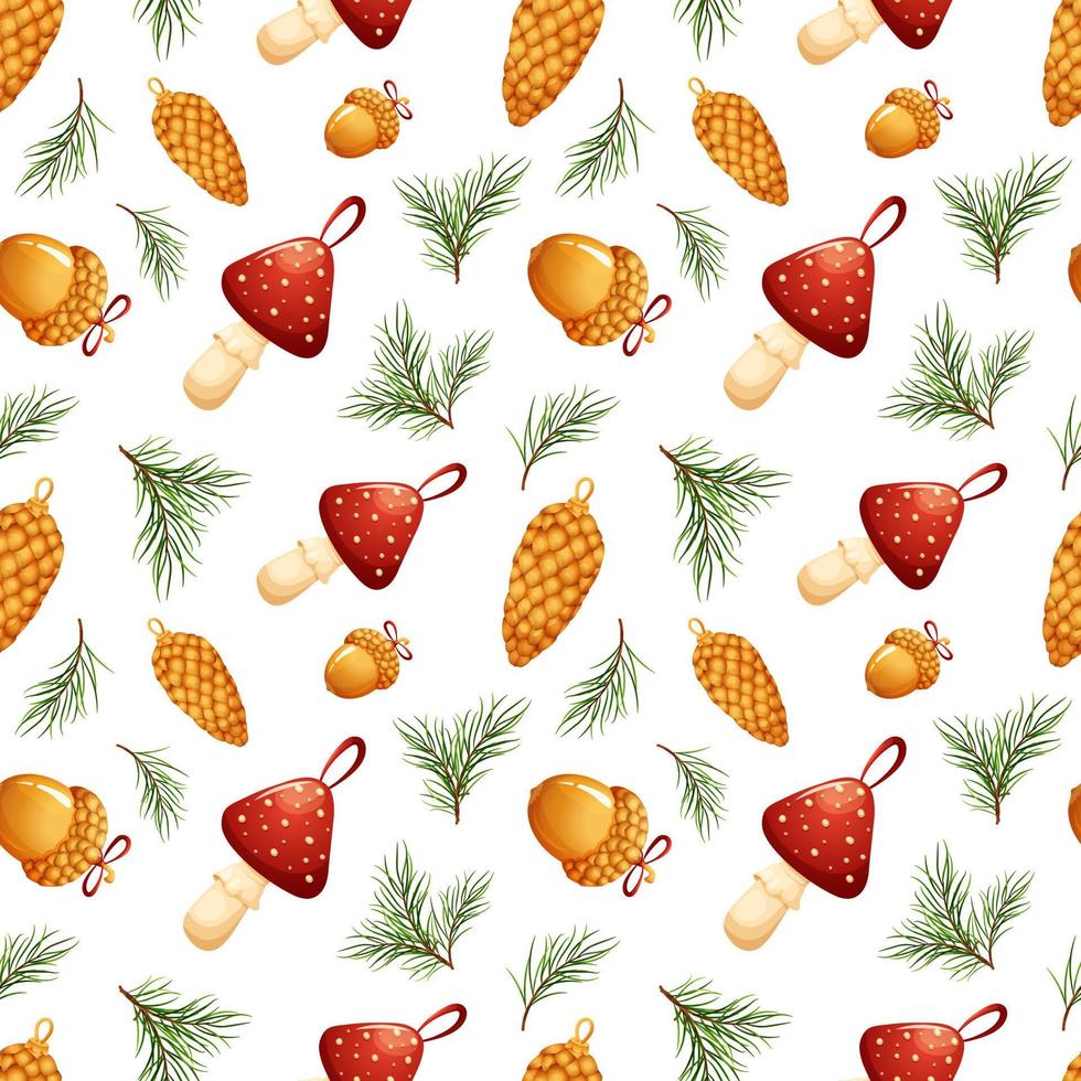 Christmas patterns with vintage toys, fly agaric, golden cone, acorn on white background vector