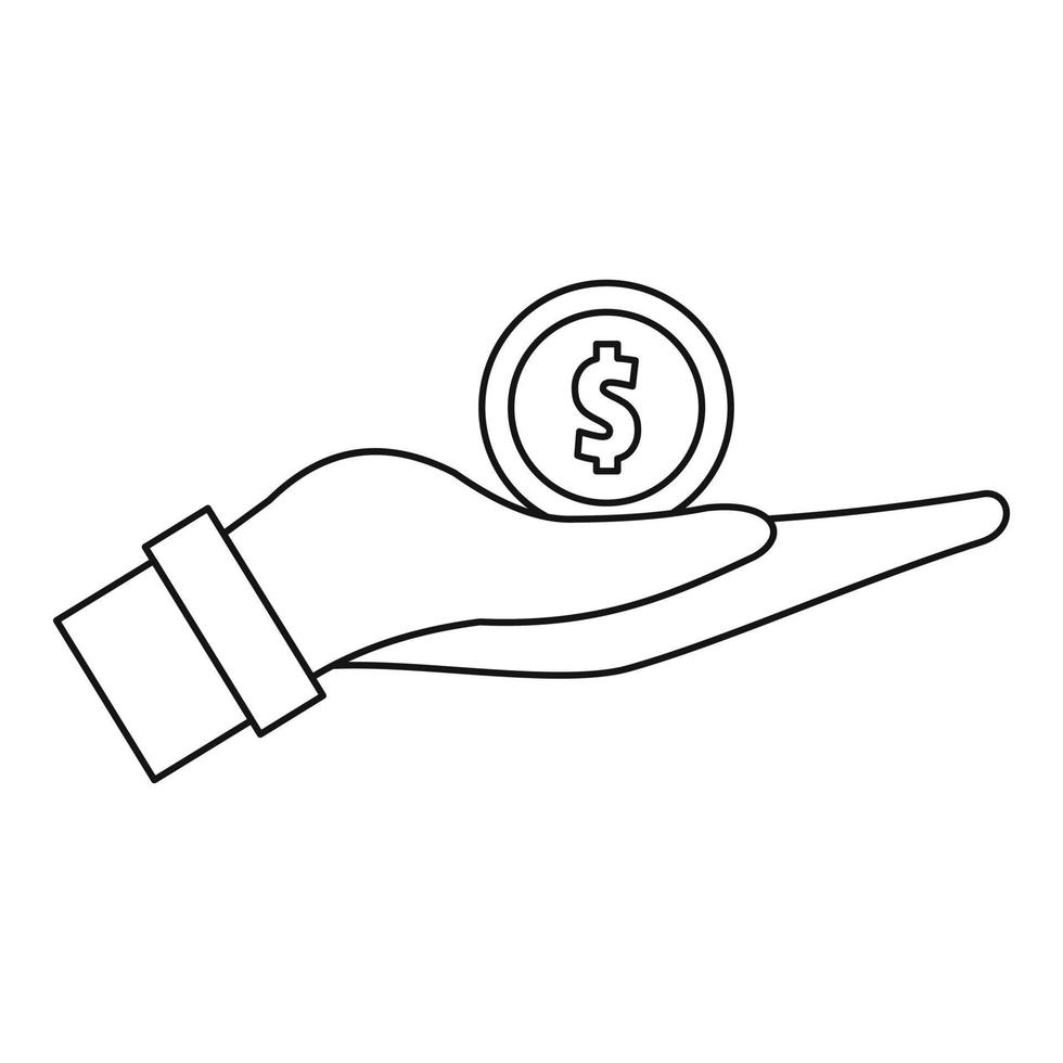 Coin in hand icon, outline style vector