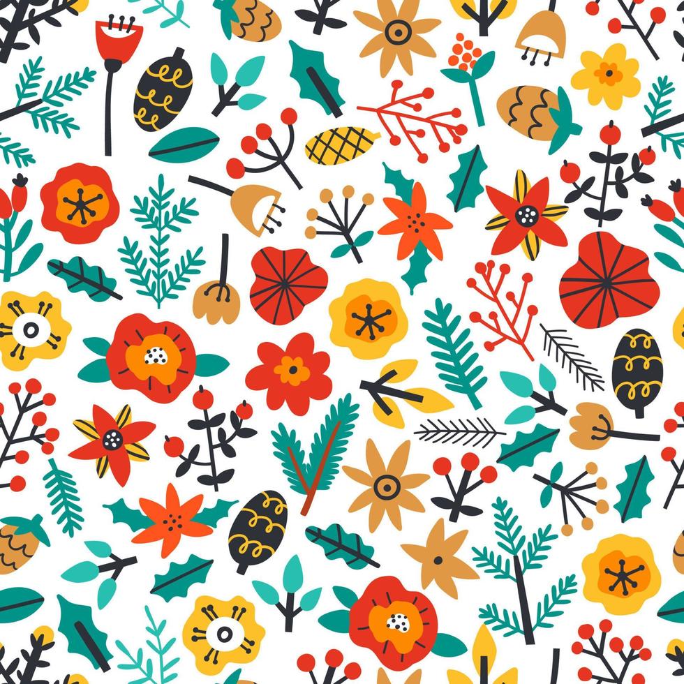 Christmas seamless pattern with plant elements and flowers. hand drawn vector illustration.