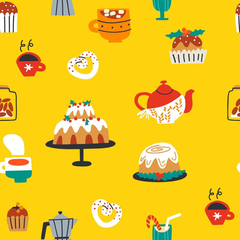 seamless pattern with cups of tea and sweets. hand drawn vector illustration.