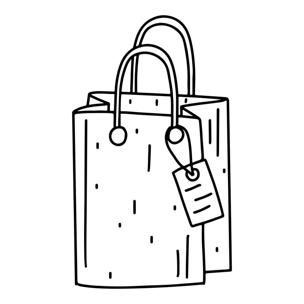 bolsa de compras en estilo garabato dibujado a mano. icono de bolsa de papel. ilustración de dibujo vectorial para impresión, web, móvil e infografía, fondo blanco. vector