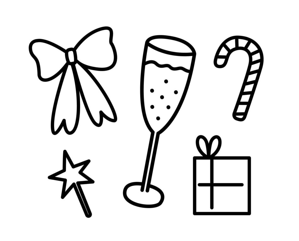 Christmas elements doodle set 2023. Christmas and new year attributes bow, star, gift box, lollipop, glass of champagne. Line art isolated on white background. Hand drawn outline vector illustration.