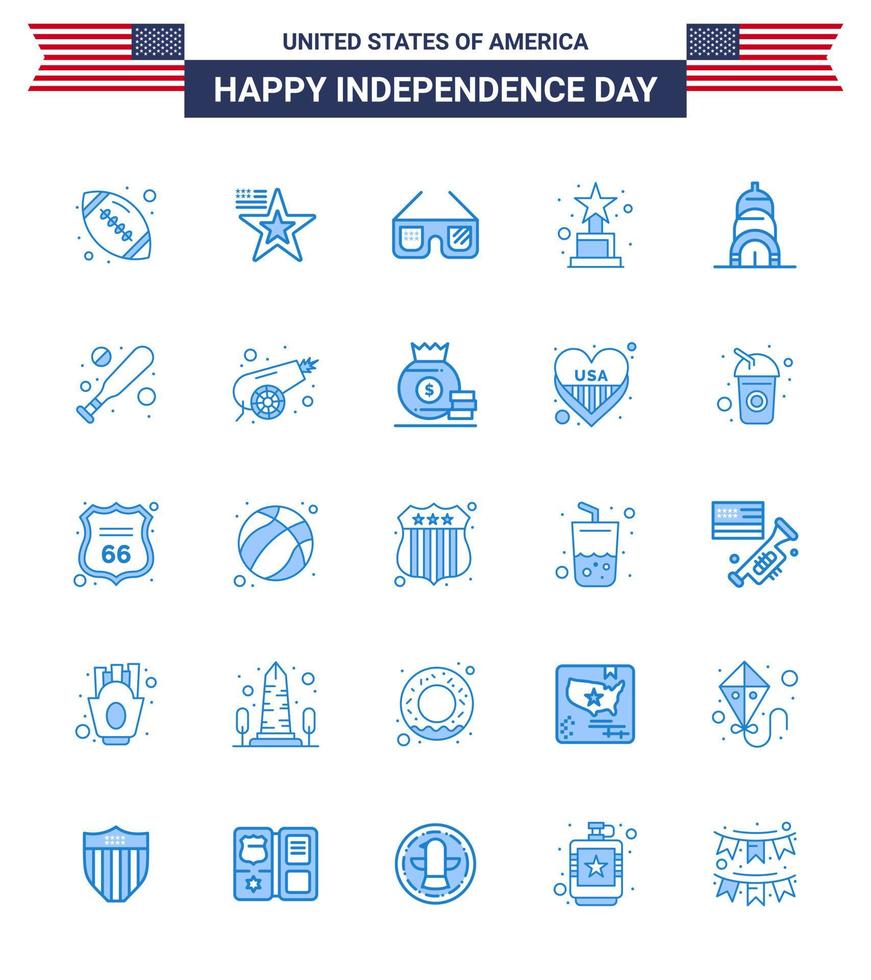 Big Pack of 25 USA Happy Independence Day USA Vector Blues and Editable Symbols of usa chrysler sunglasses trophy achievement Editable USA Day Vector Design Elements