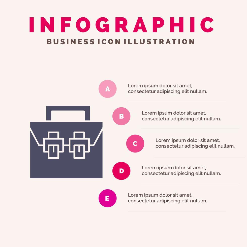 bolsa caja material de construcción kit de herramientas icono sólido infografía 5 pasos presentación antecedentes vector