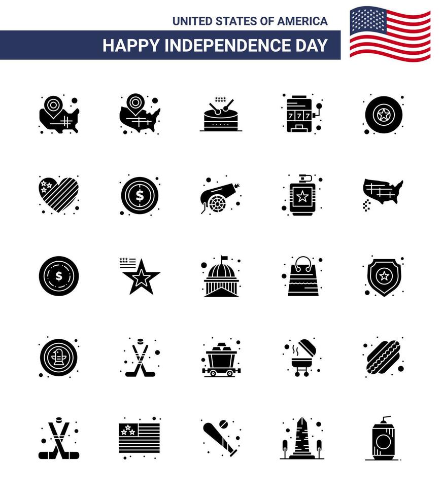 Set of 25 Vector Solid Glyph on 4th July USA Independence Day such as flag star parade military game Editable USA Day Vector Design Elements