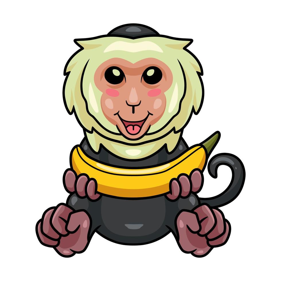 Cute little capuchin monkey cartoon holding banana vector