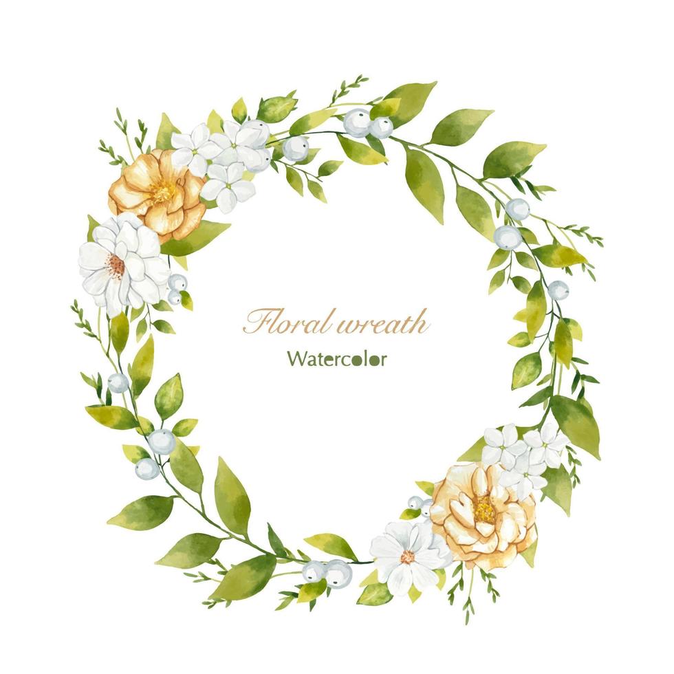 Floral watercolor wreath of leaves and white and beige flowers vector