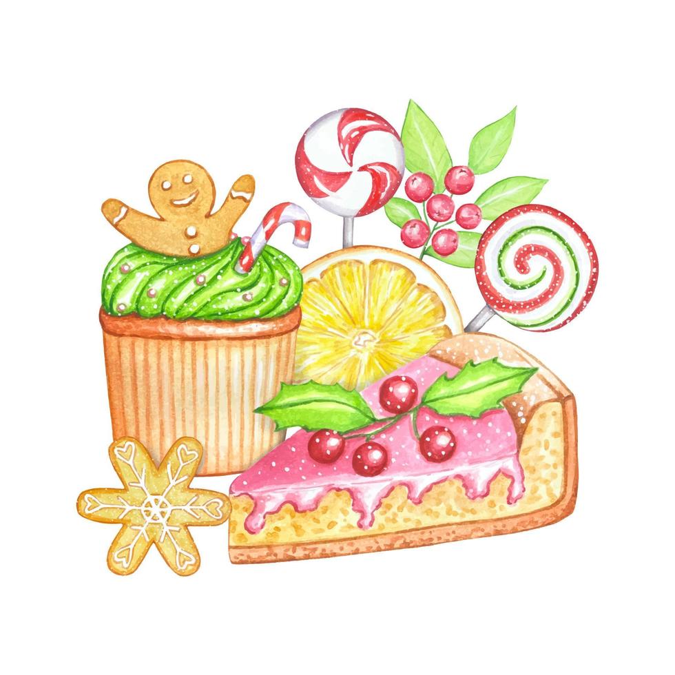 Hand drawn composition with Christmas sweets, watercolor vector