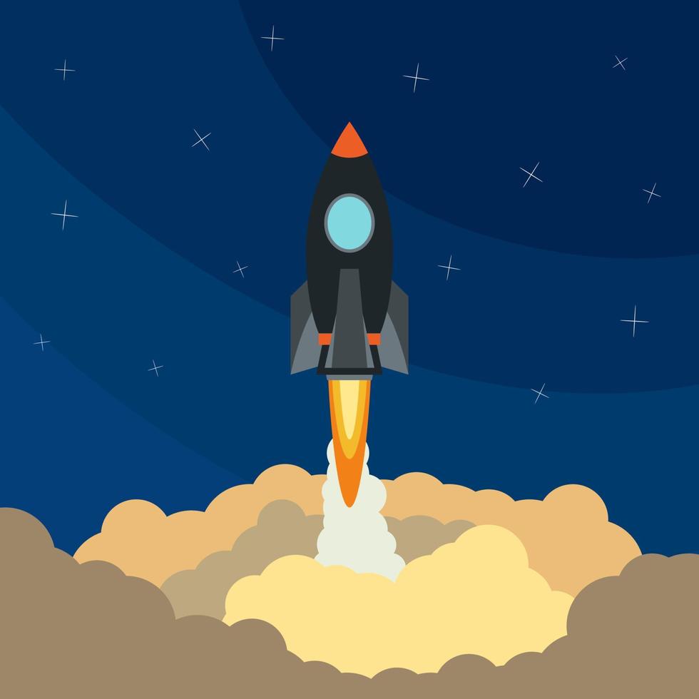 Space rocket launch. Vector illustration with flying rocket. Space travel. Project development. Creative idea,