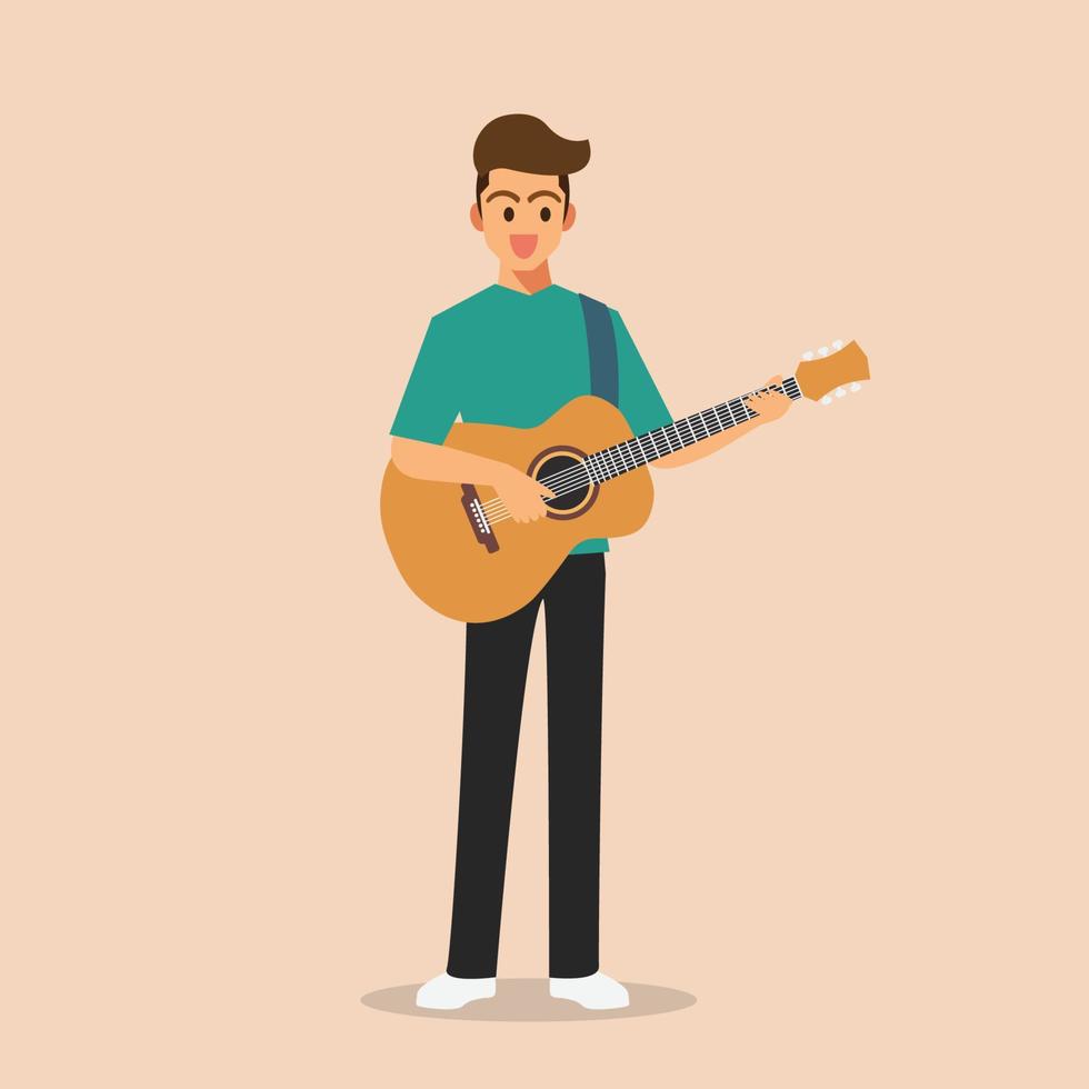 Standing man holding and playing acoustic guitar vector