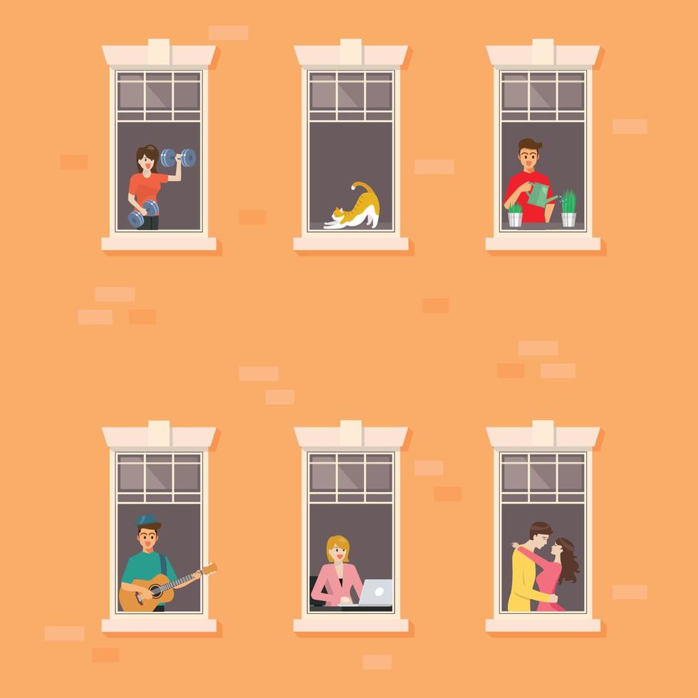Apartment building facade with neighbor people in open windows vector