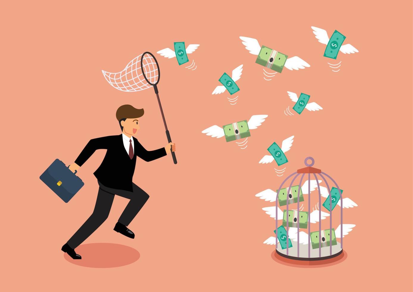 Businessman trying to catch flying money into birdcage vector