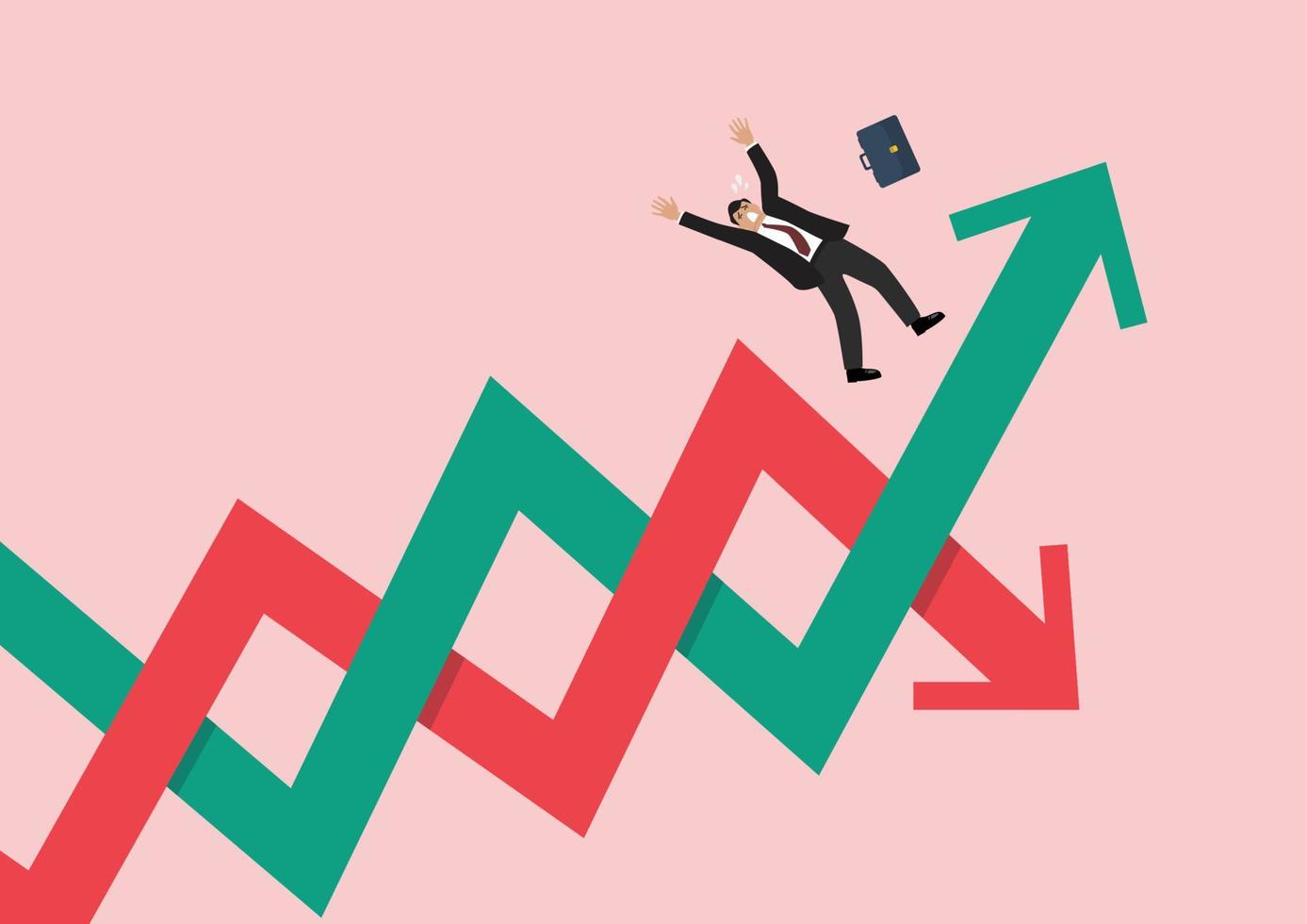 Businessman losing his balance on stock market fluctuation arrow vector