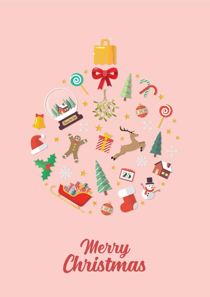 Christmas elements laid out in the shape of a Christmas ball vector