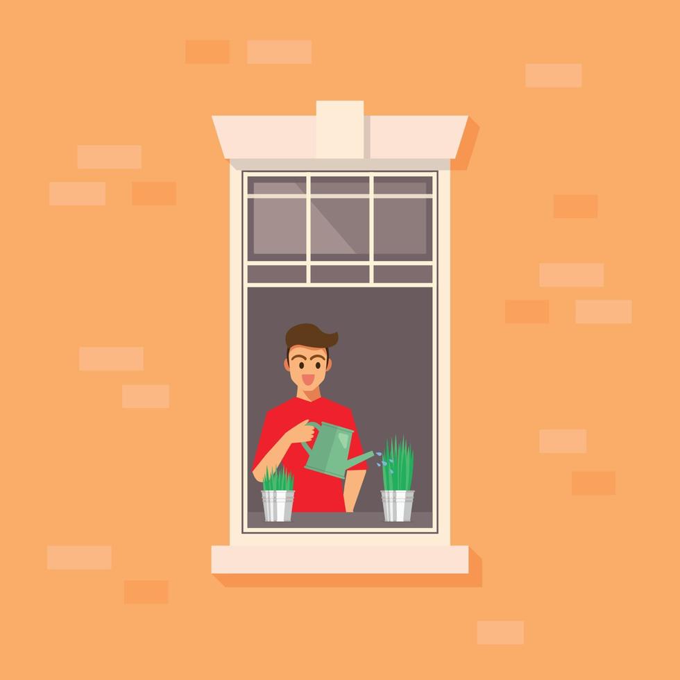 Apartment window with man watering plant vector