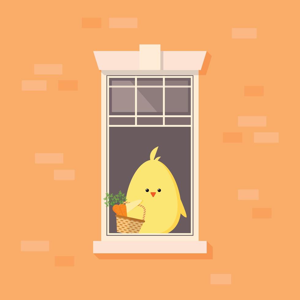ventana del apartamento con pollito sosteniendo una canasta con zanahorias vector