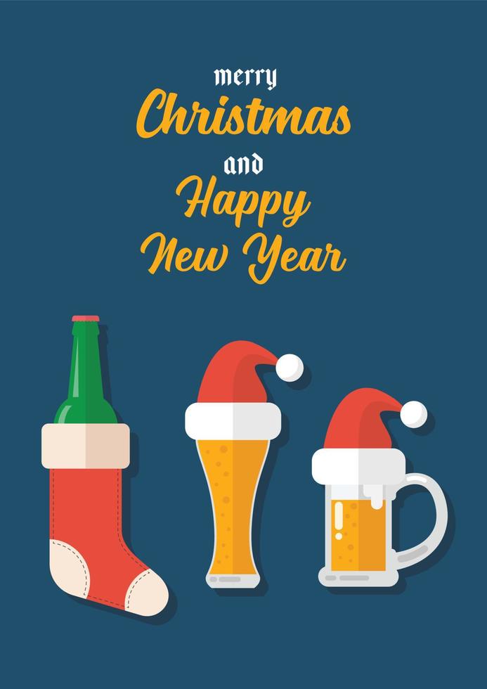 Jarra de cerveza de cerveza navideña con tarjeta de felicitación de decoración navideña vector