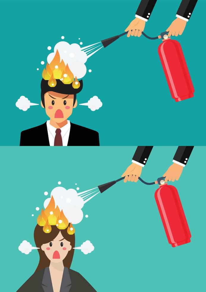 Angry businessman and woman with head on fire gets help from man with extinguisher vector