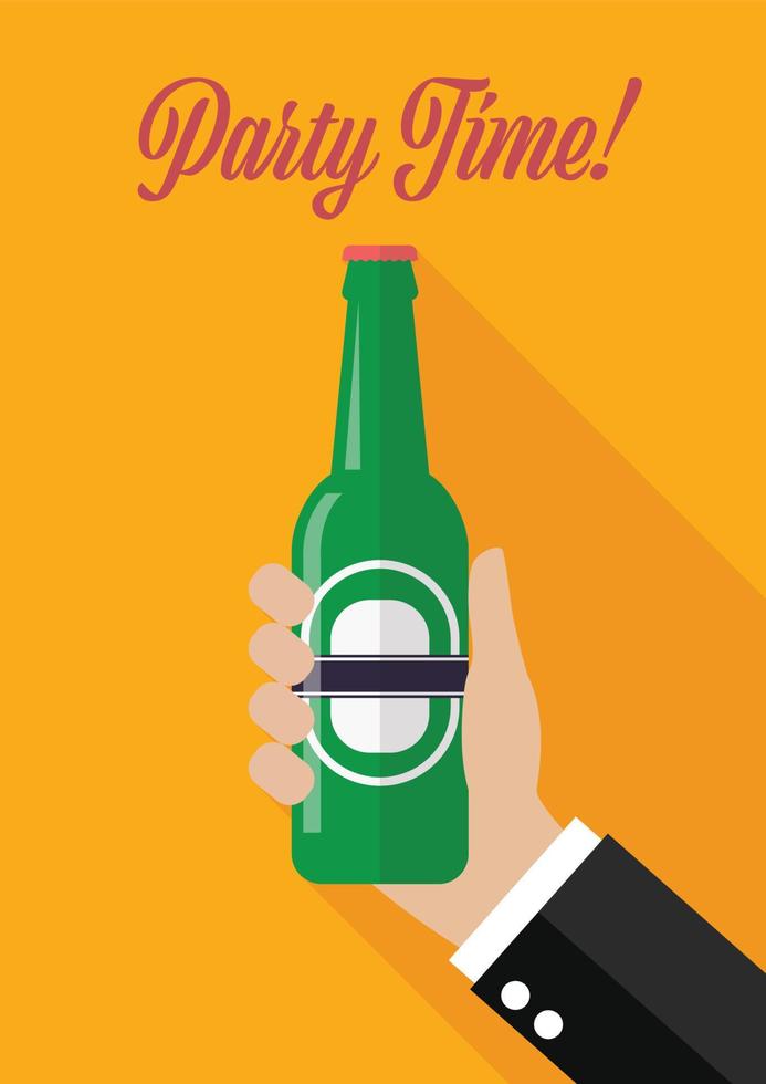 la mano sostiene una botella de cartel de tiempo de fiesta de cerveza vector