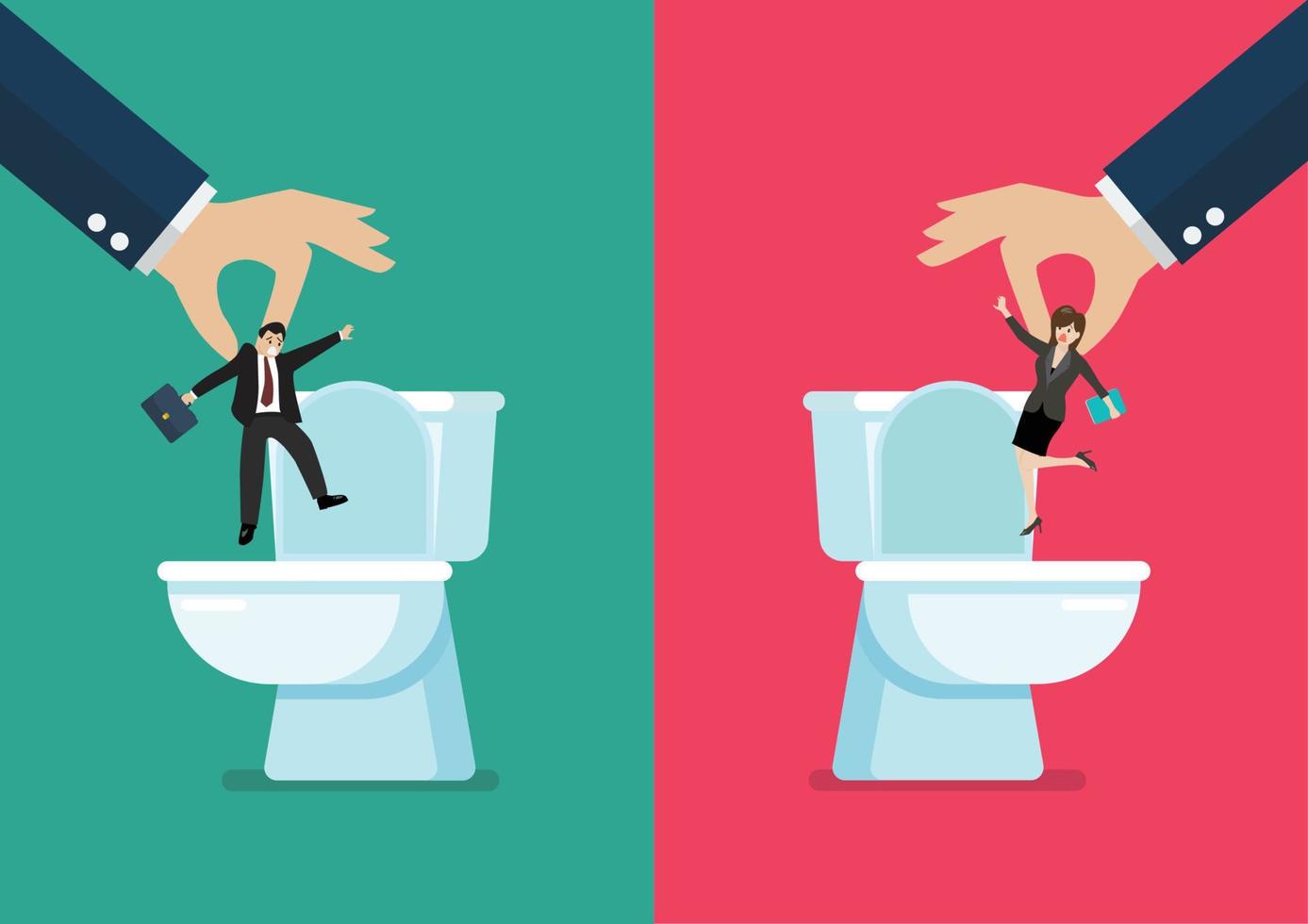 Hand throwing a business man and woman in the toilet bowls vector