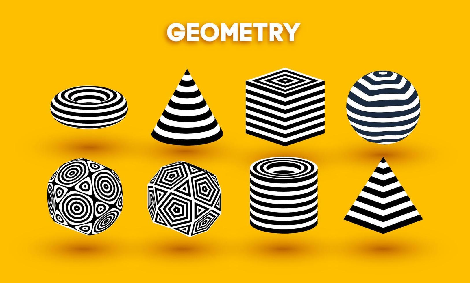 conjunto de vectores de formas de ilusión óptica de fondo amarillo. pirámide rayada. cilindro y cubo óptico abstracto diseño de líneas en blanco y negro. circular formas redondas geométricas.