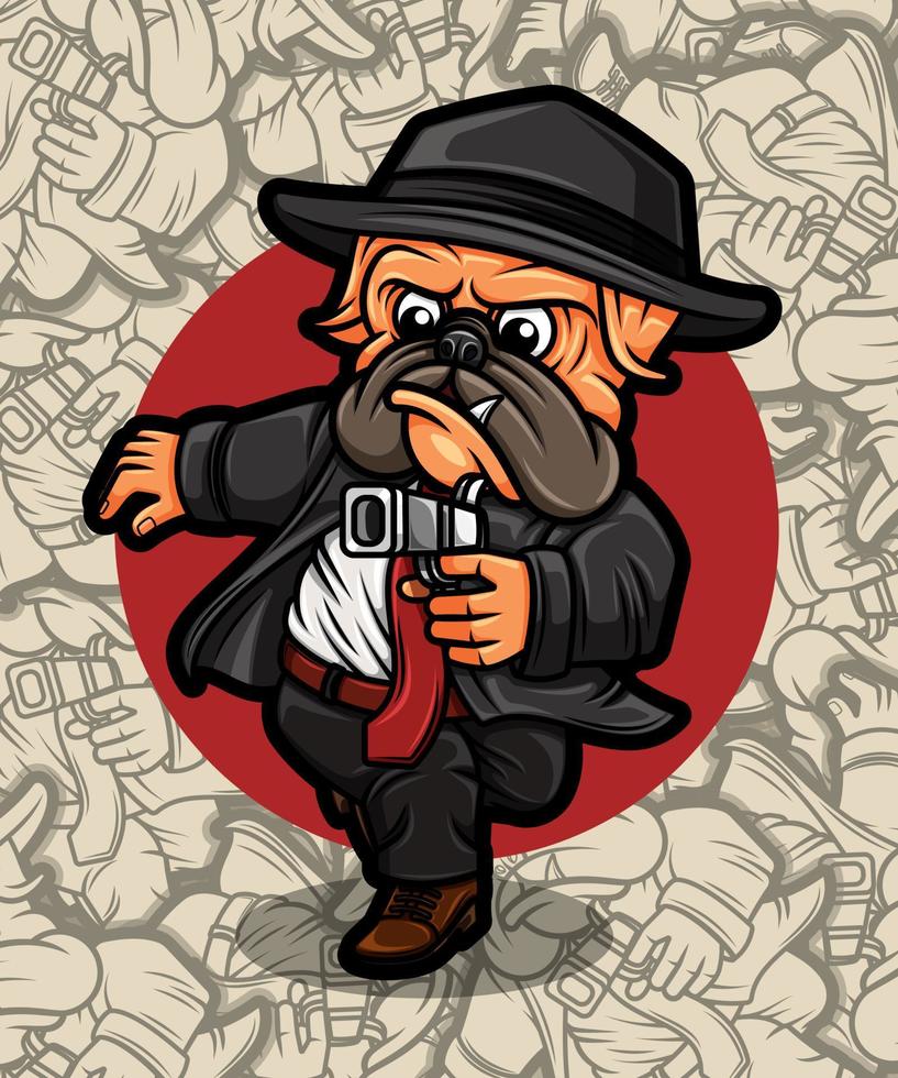 Cute pug dog shooting with a gun illustration vector