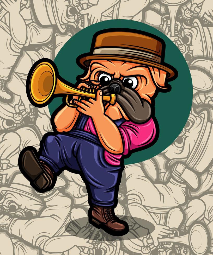 lindo perro pug tocando la trompeta ilustración vector