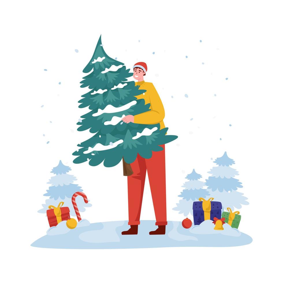 un hombre que mueve la ilustración plana del árbol de navidad vector