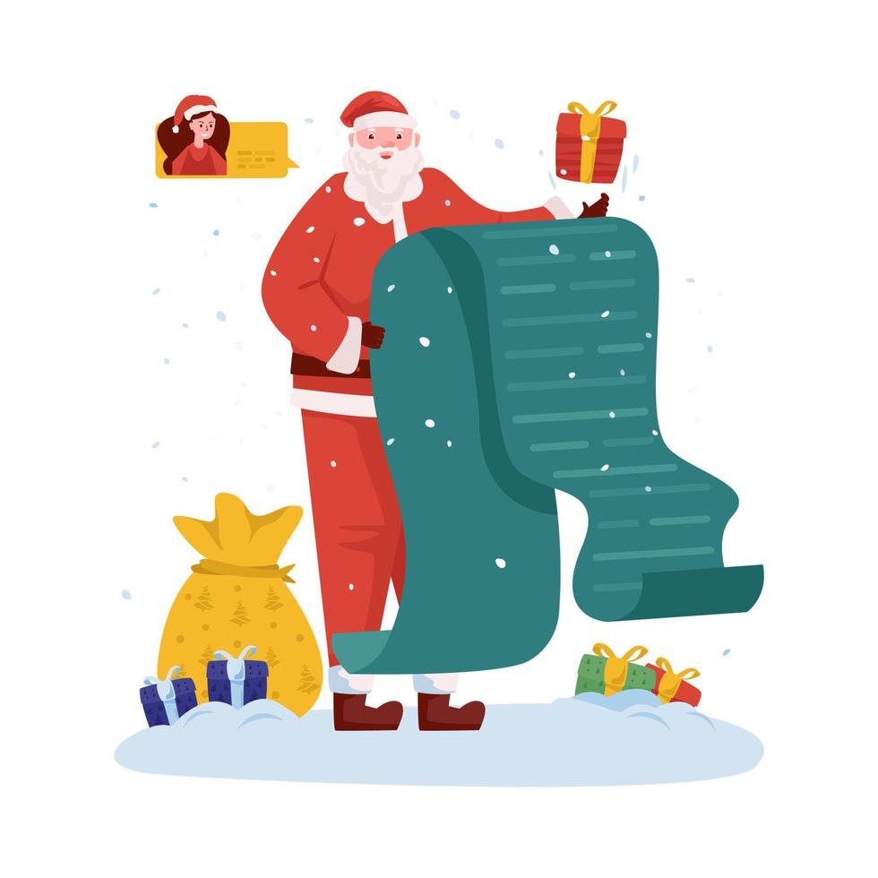 santa con lista de regalos de navidad ilustración plana vector