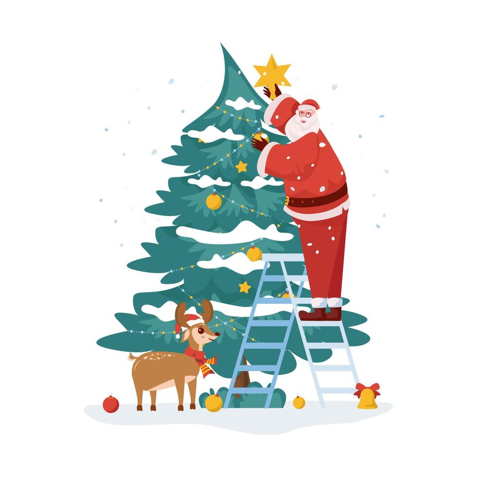 santa claus decorando el árbol de navidad ilustración plana vector