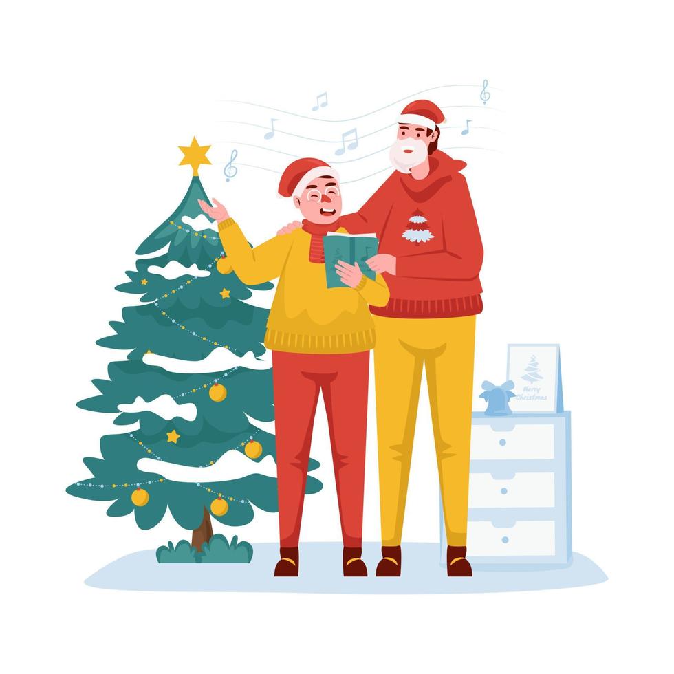 Singing Christmas carols flat illustration vector