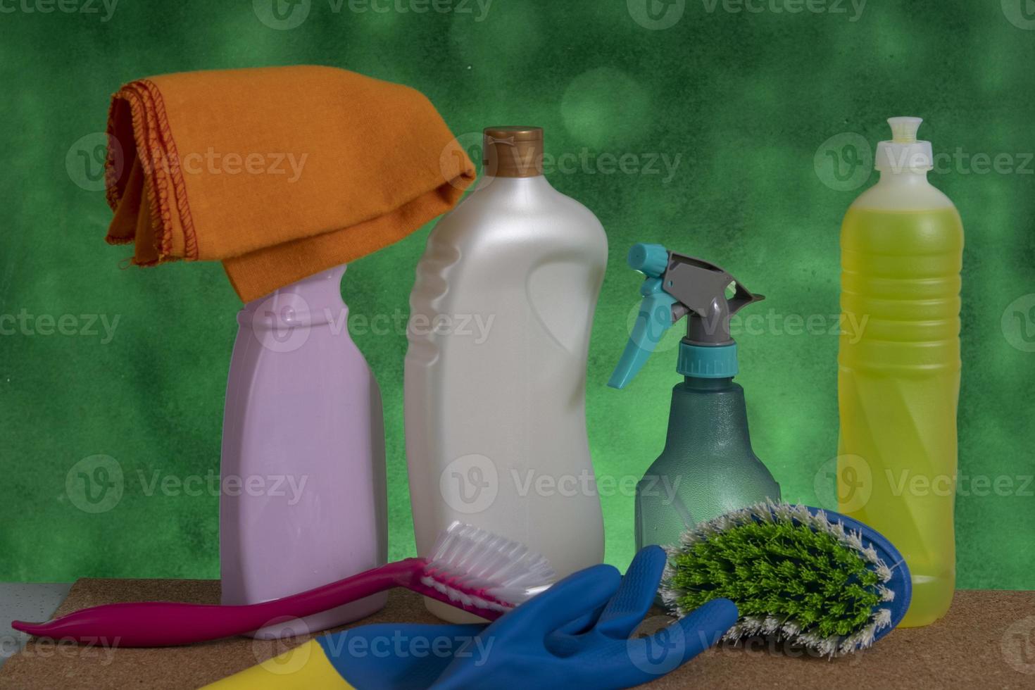 basket with cleaning products for home hygiene use photo