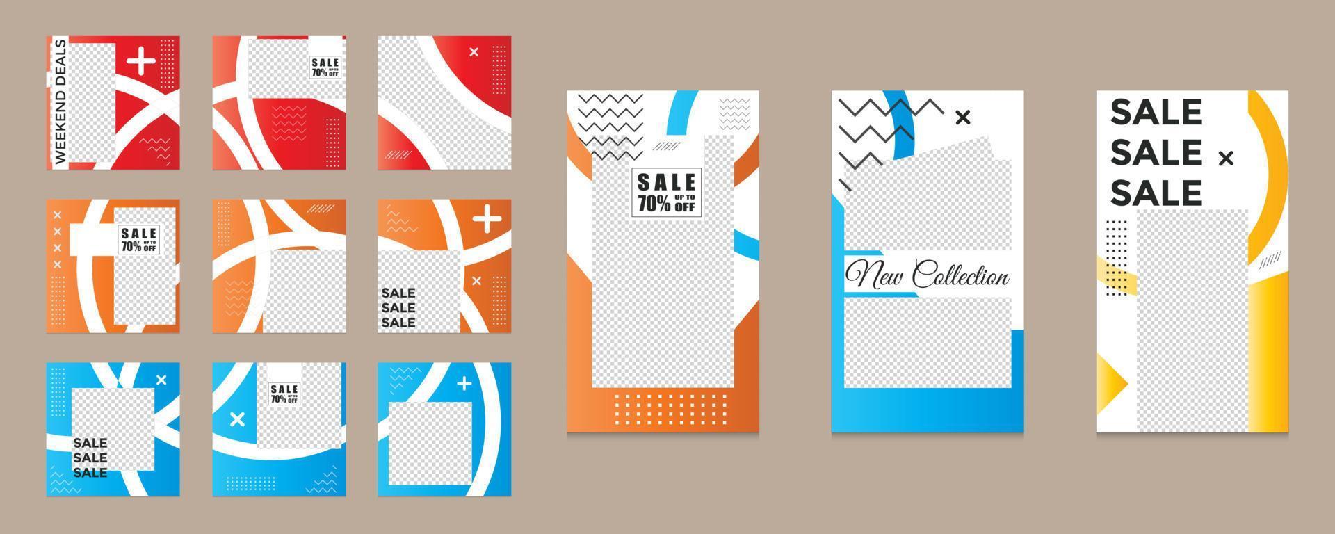 Editable social media templates, Instagram story collections and postal frame templates, layout designs, Mock-up for marketing promotions, covers, banners, backgrounds, square puzzles, vector elements