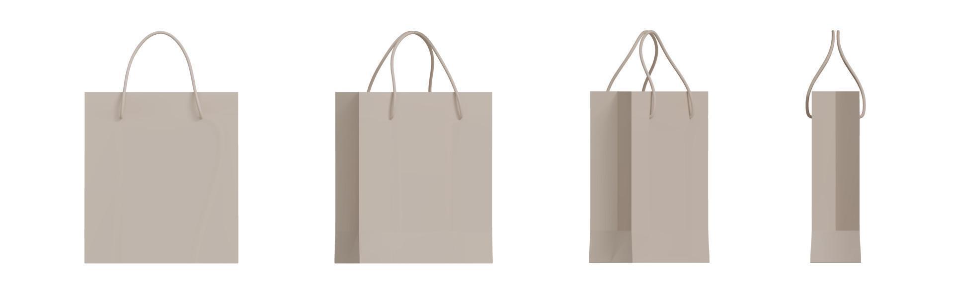 Set of 3d beige paper shopping bags packaging with different angles. Front and side view of retail purchase packaging, blank mockup. Realistic vector illustration isolated