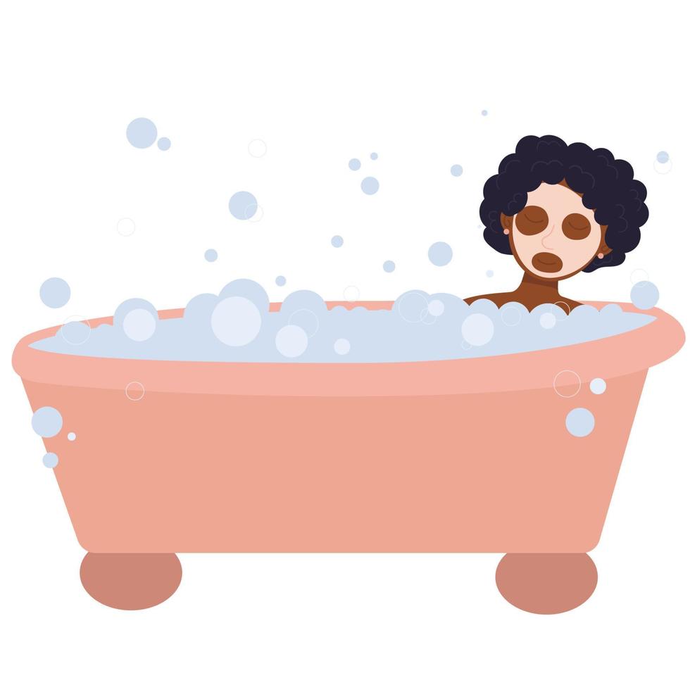 Relaxed woman lying at bath tub with face mask and bubbles foam. Woman taking a bath.Bubble Bath day. vector