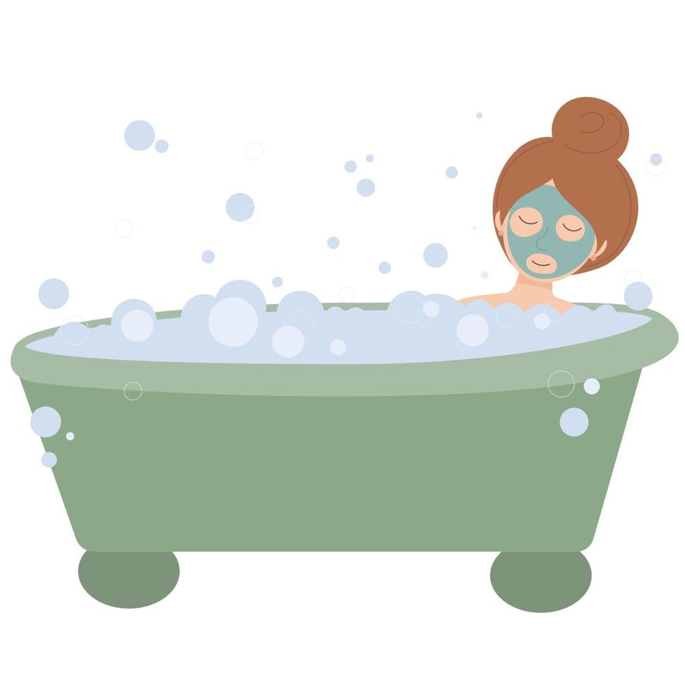 Relaxed woman lying at bath tub with face mask and bubbles foam. Woman taking a bath.Bubble Bath day. vector