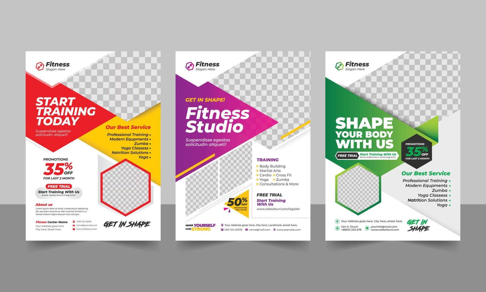 Red, Purple and Green color gym and fitness flyer template with geometric shapes, fitness body building A4 size vector template