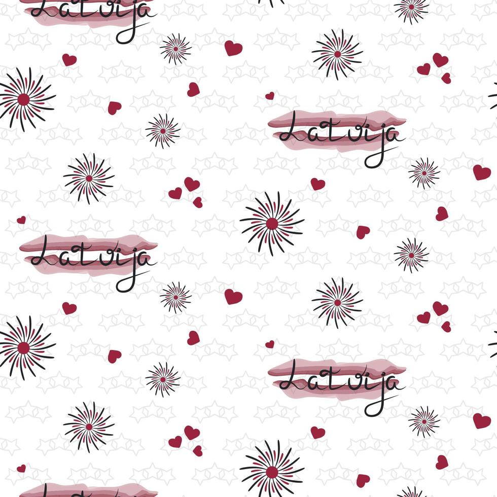 Festive seamless pattern of Republic of Latvia watercolor flag with hearts and fireworks on light grey stars pattern and white background vector