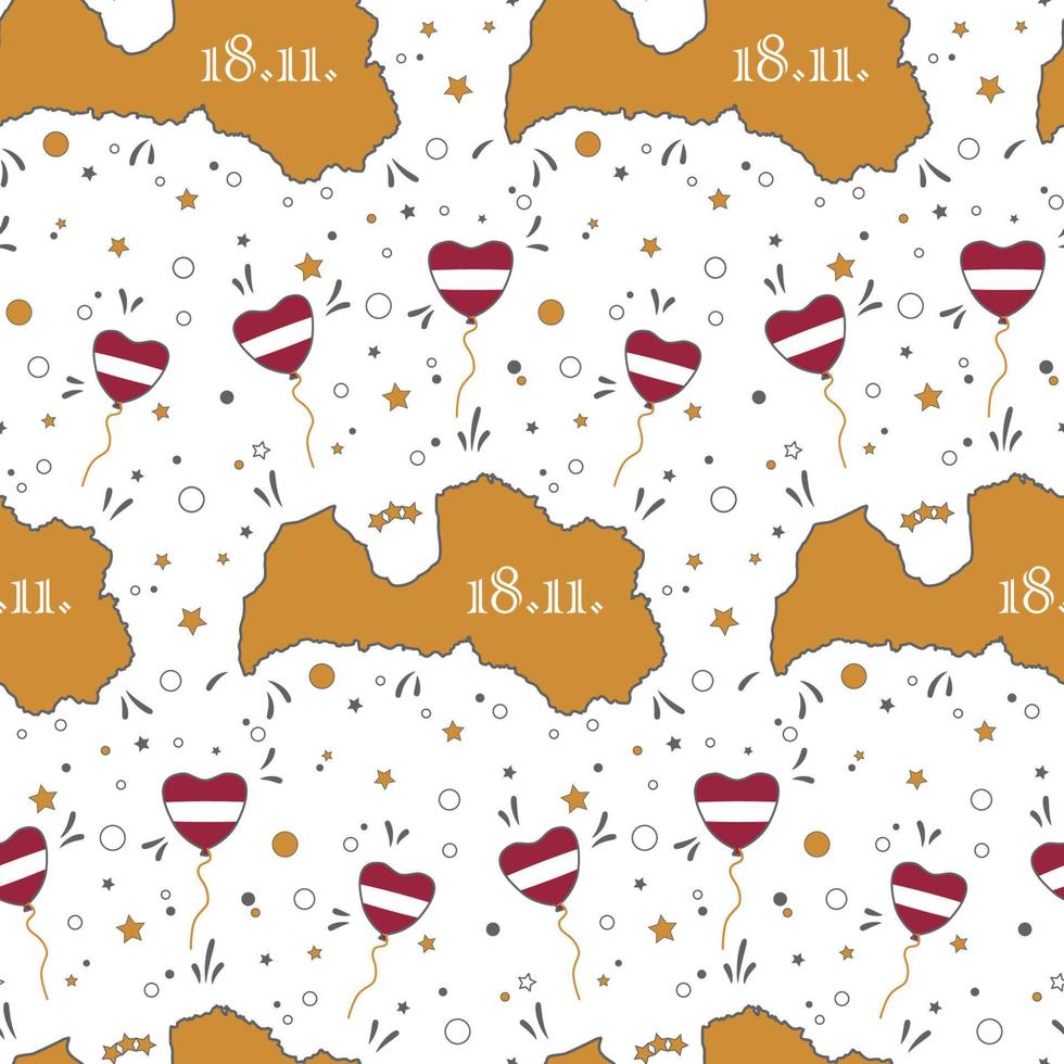 Festive seamless pattern of Republic of Latvia golden map with Latvian flag heart baloons, stars adn random elements on white background vector