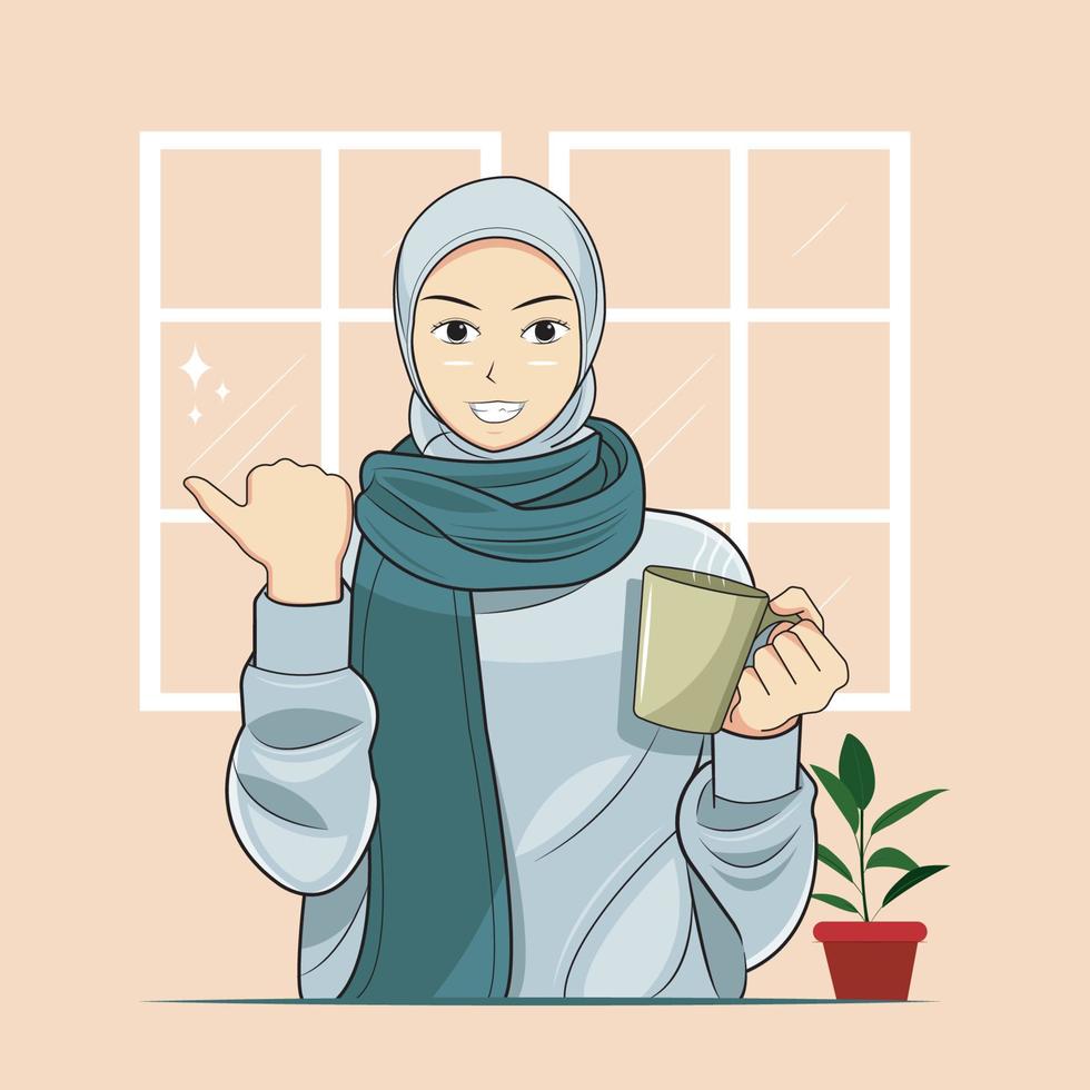 hiyab chica joven con suéter que muestra de lado ilustración vectorial descarga profesional vector