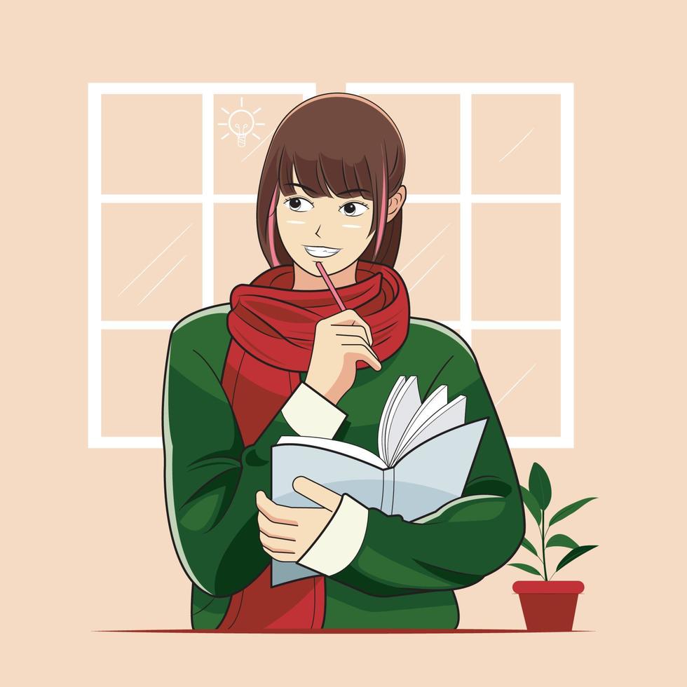 Young Girl wearing a sweater looks up thoughtfully vector illustration free download