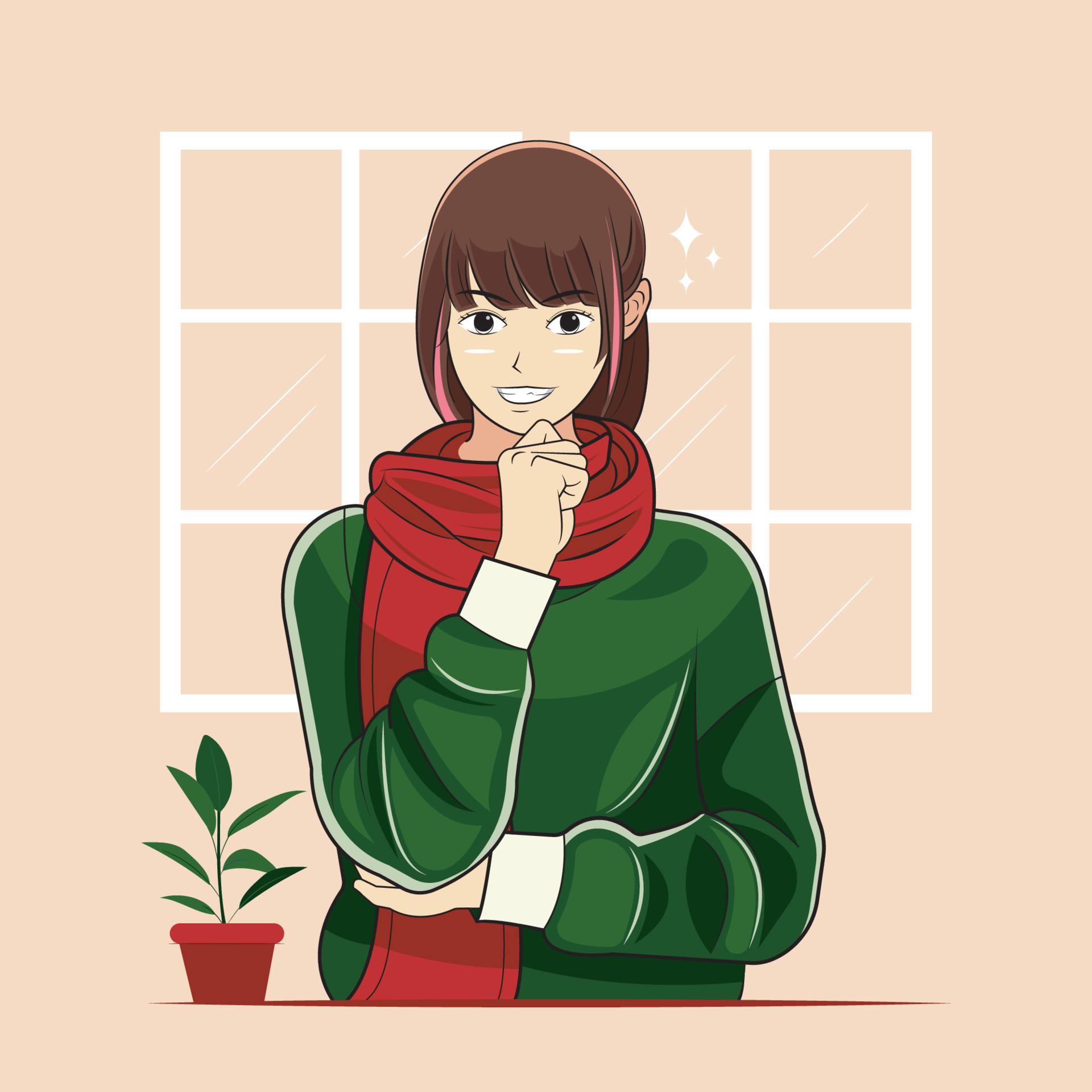 Happy Young Girl wearing sweater is thinking about a genius idea vector