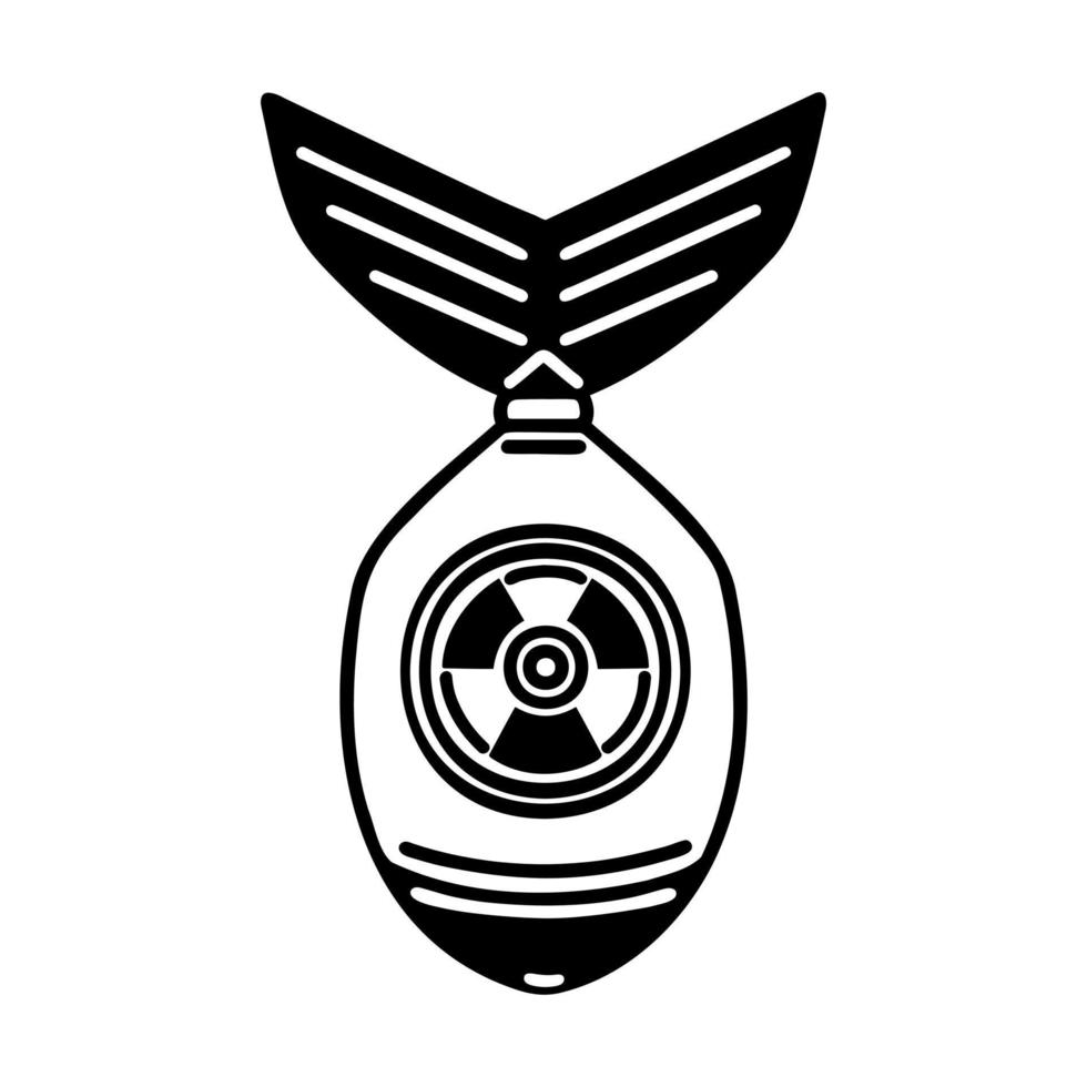 Nuclear weapon vector icon. Flying missile isolated on white. Atomic, hydrogen bomb of mass destruction. Dangerous radioactive rocket. Simple doodle, black outline. Clipart for logos, prints, apps