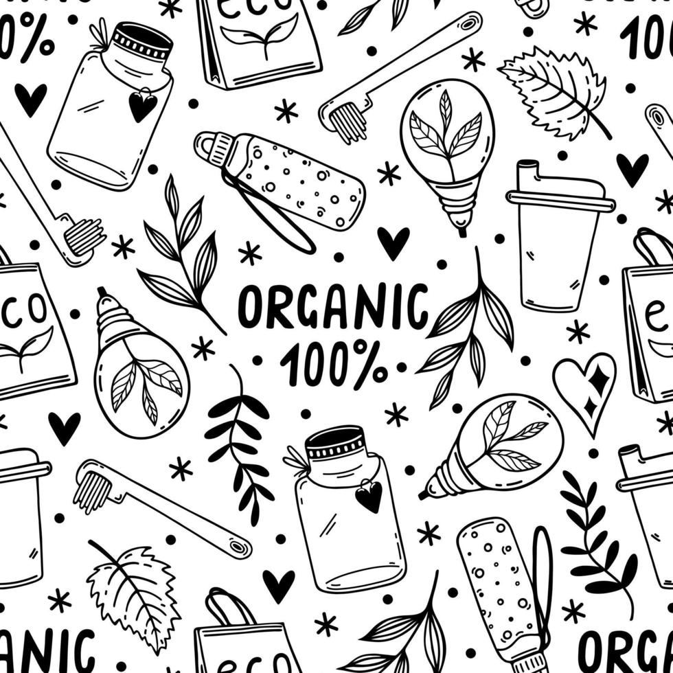 Ecology, zero waste, recycling - seamless vector pattern. Reusable tableware, organic, plastic free, environmental care. Simple black and white doodle, outline. Background for wallpapers, prints, web