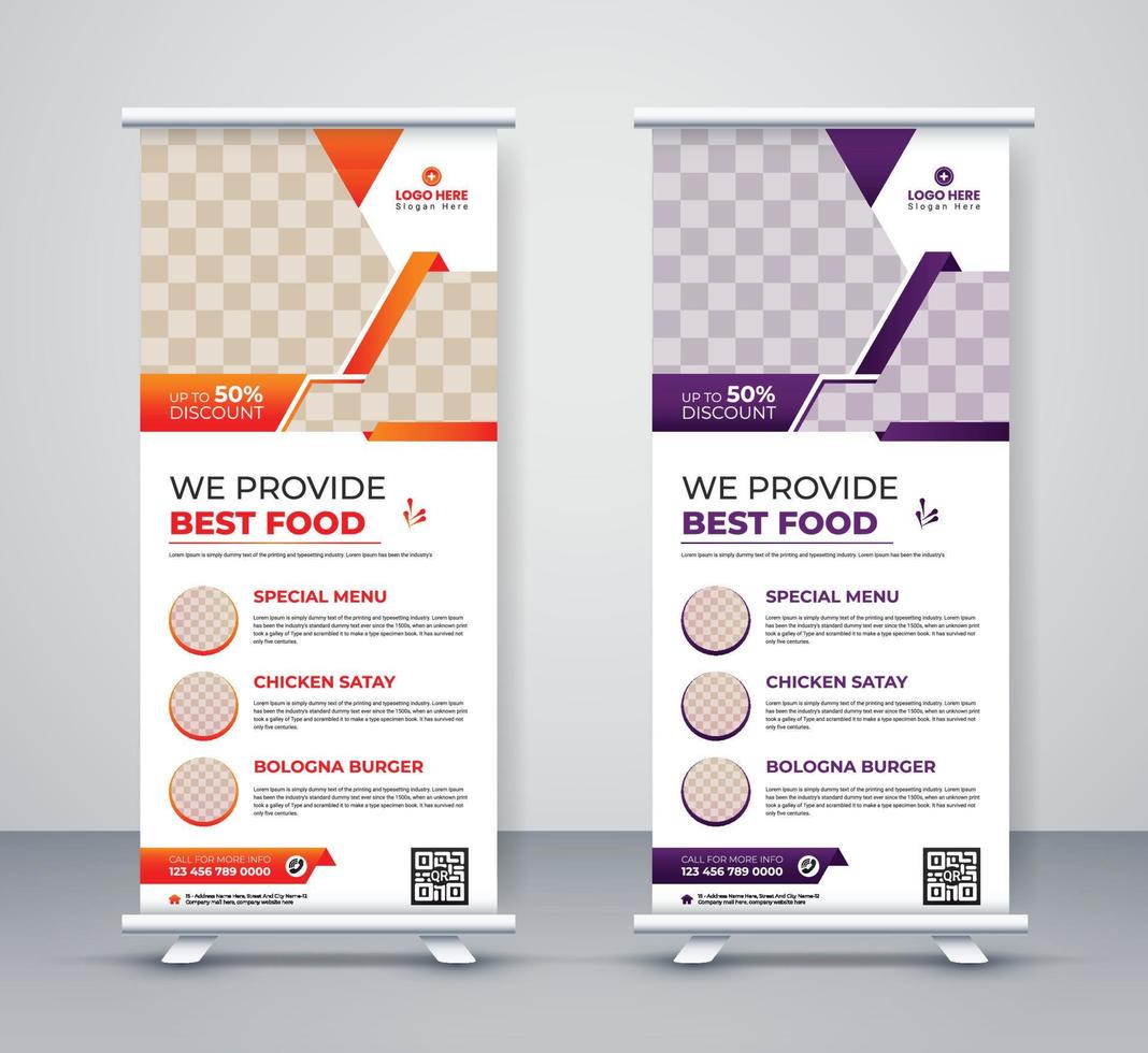 Food and restaurant roll up banner design template menu corporate business company rackcard, stand banner, and x banner design vector