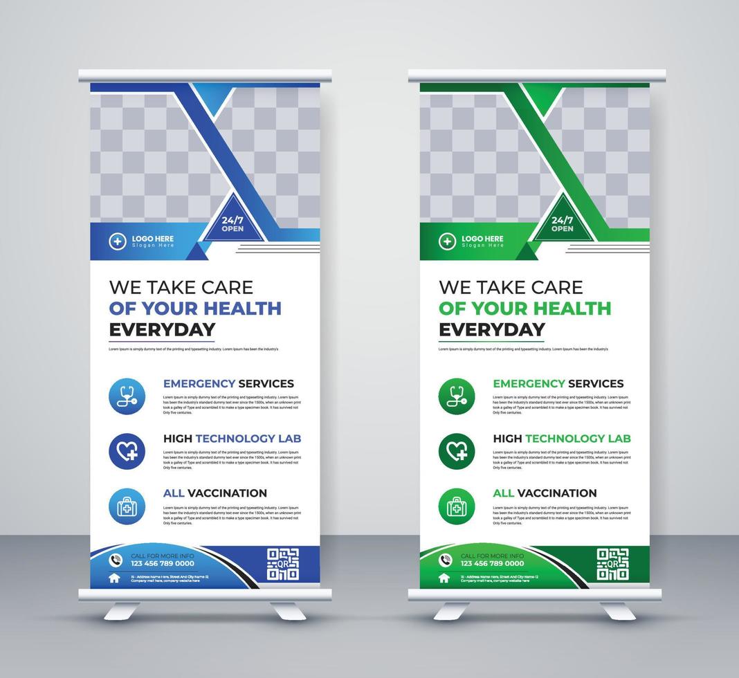 Medical healthcare roll-up dental x banner corporate business company standee banner dl flyer design vector