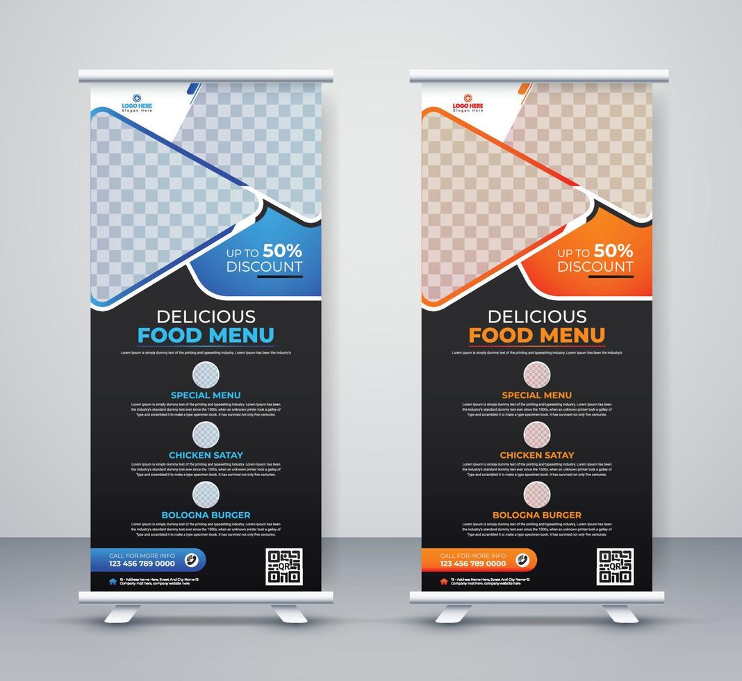Food and restaurant roll up banner design template menu corporate business company rackcard, stand banner, and x banner design vector