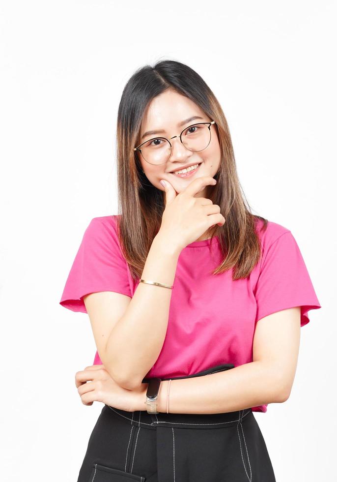 Hand on chin Smile and looking at camera of Beautiful Asian Woman Isolated On White Background photo