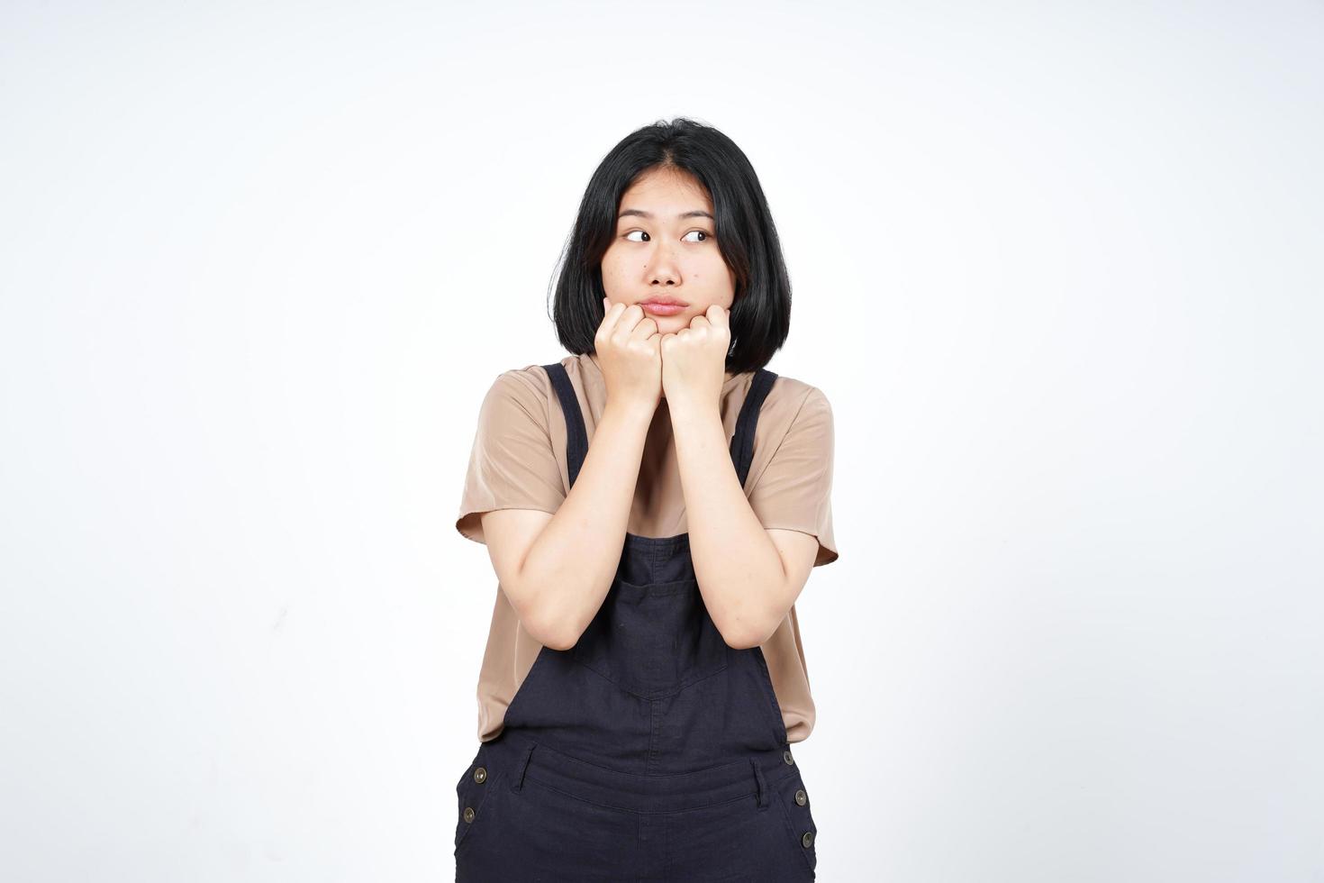 Thinking and Curious gesture Of Beautiful Asian Woman Isolated On White Background photo