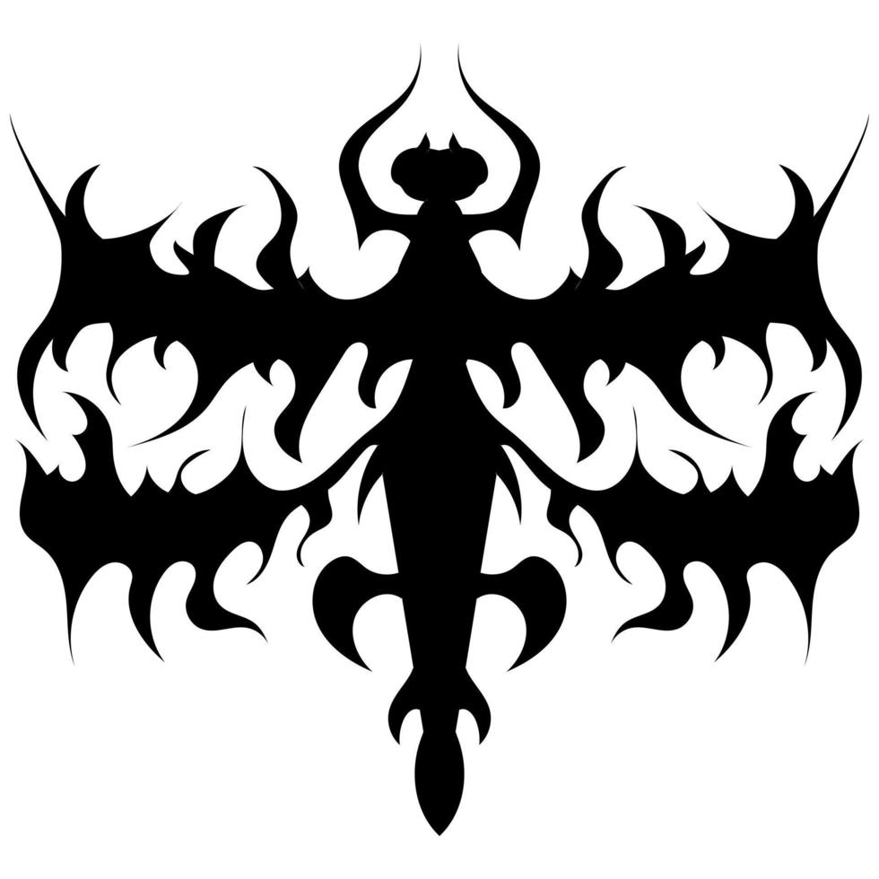 Gothic black and white image of a dragonfly for tattoos or prints. Black line icon for shields or sports emblems, textiles, web icons, textiles, labels, interiors, fashion trends, postcards, etc. vector